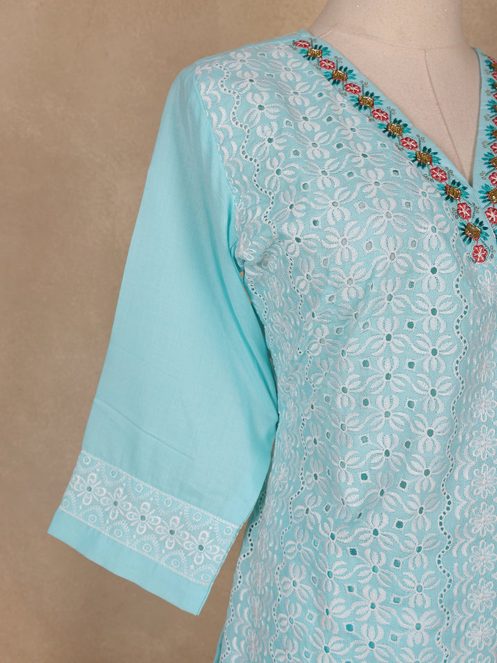 Sky Blue Floral Designed Cotton Salwar Suit - Diadem