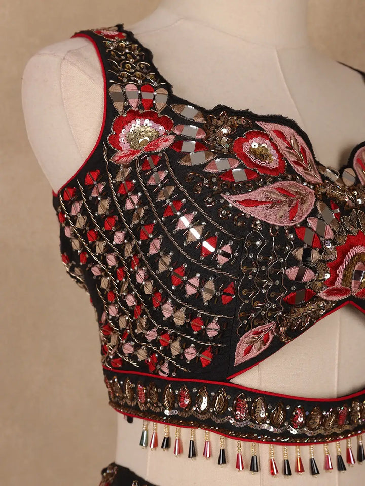 Black Floral Designed Semi Silk Bridesmaid Lehenga - Diadem