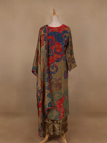 Olive Green Floral Designed Semi Silk Salwar Suit - Diadem