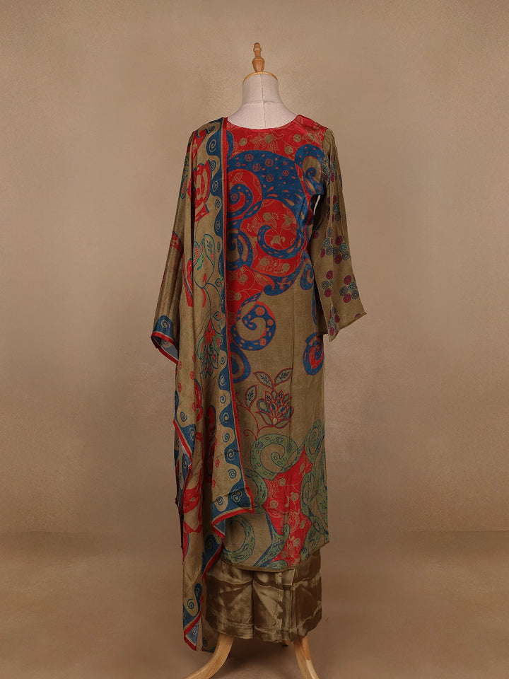 Olive Green Floral Designed Semi Silk Salwar Suit - Diadem