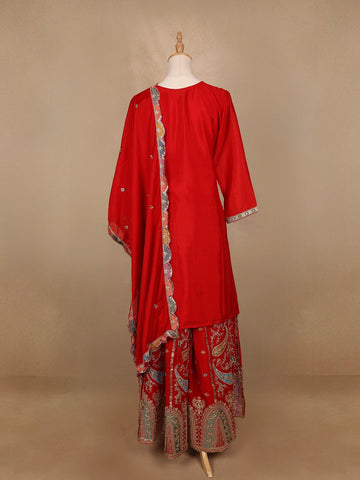 Red Floral Embroidery Crepe Palazzo Salwar Suit - Diadem