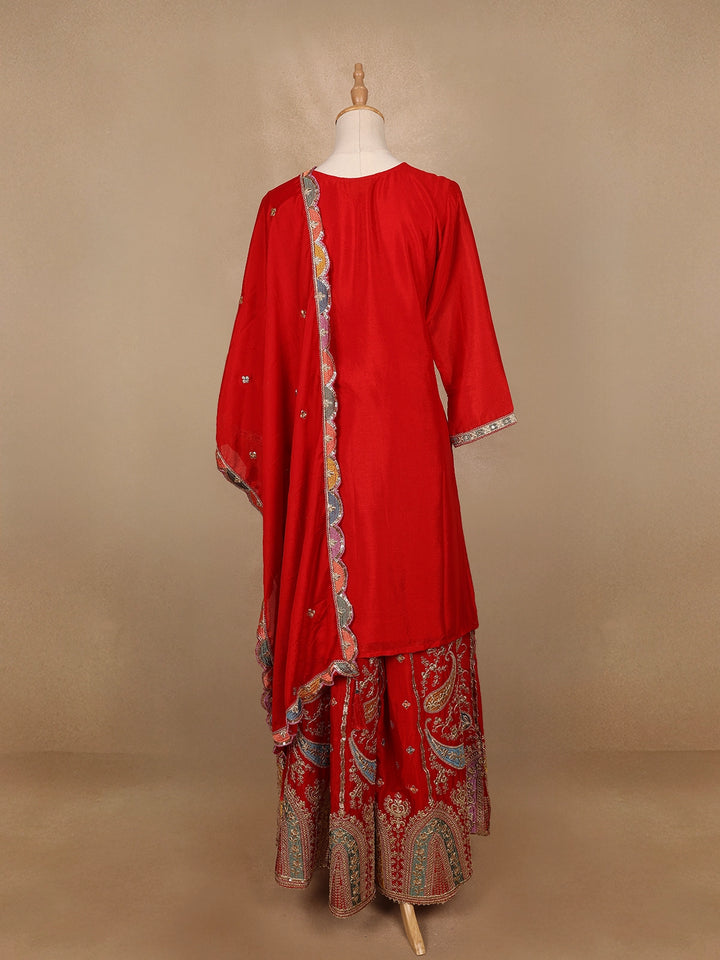 Red Floral Embroidery Crepe Palazzo Salwar Suit - Diadem