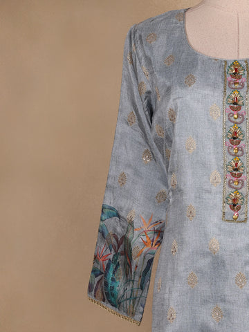 Blue Grey Floral Designed Semi Silk Salwar Suit - Diadem