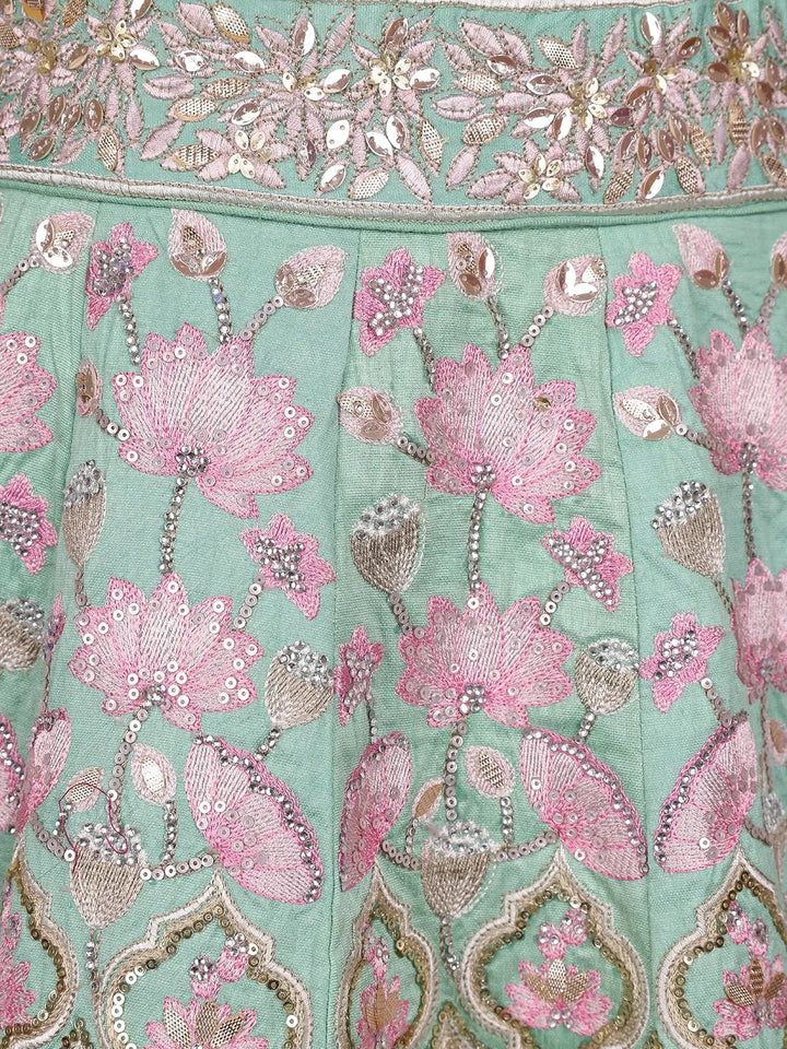 Sky Blue Floral Embroidered Raw Silk Bridesmaid Lehenga - Diadem