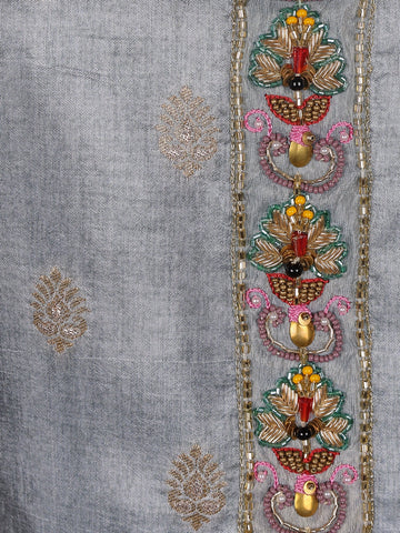Blue Grey Floral Designed Semi Silk Salwar Suit - Diadem
