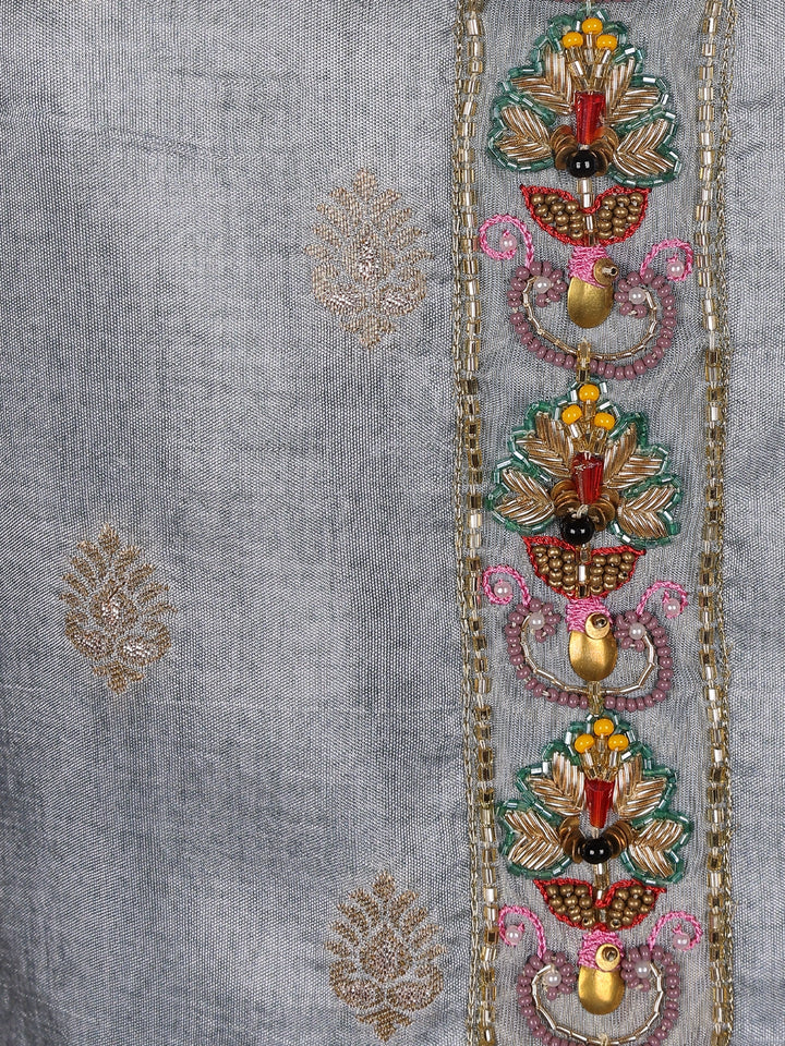 Blue Grey Floral Designed Semi Silk Salwar Suit - Diadem