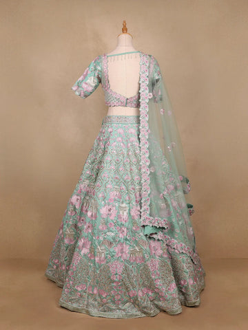 Sky Blue Floral Embroidered Raw Silk Bridesmaid Lehenga - Diadem