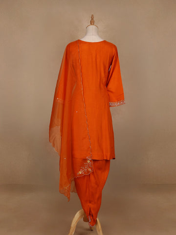Orange Floral Designed Raw Silk Dhoti Salwar Suit - Diadem