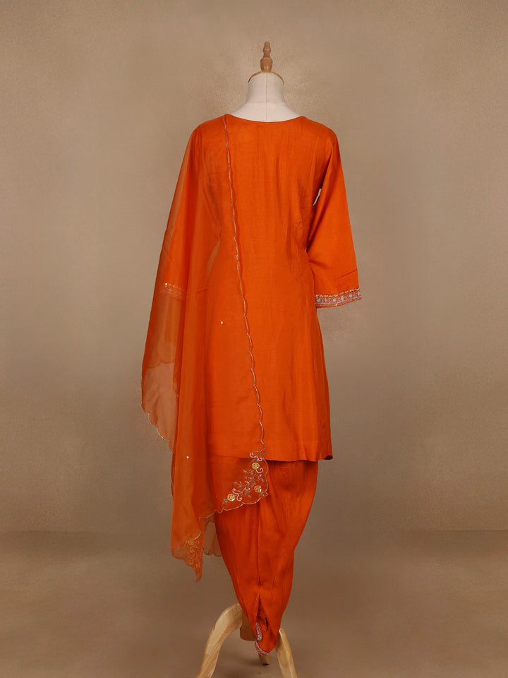 Orange Floral Designed Raw Silk Dhoti Salwar Suit - Diadem