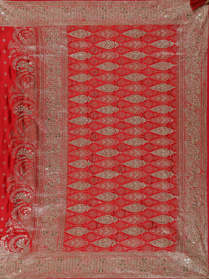 Red Floral Weave and Stone Work Banarasi Silk Saree - Diadem