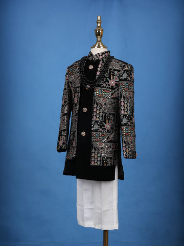 Teal Blue Velvet Floral Embroidery Sherwani And Pant Set - Diadem