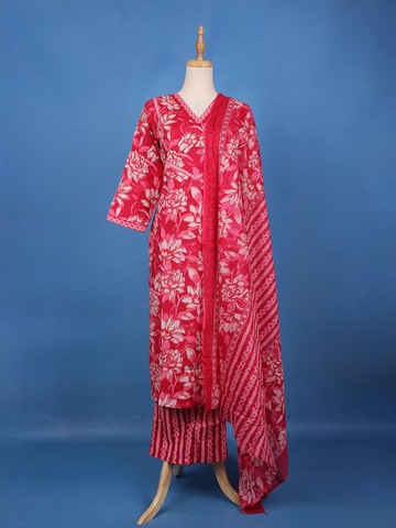 Pink Floral Design Printed Cotton Salwar Suit - Diadem