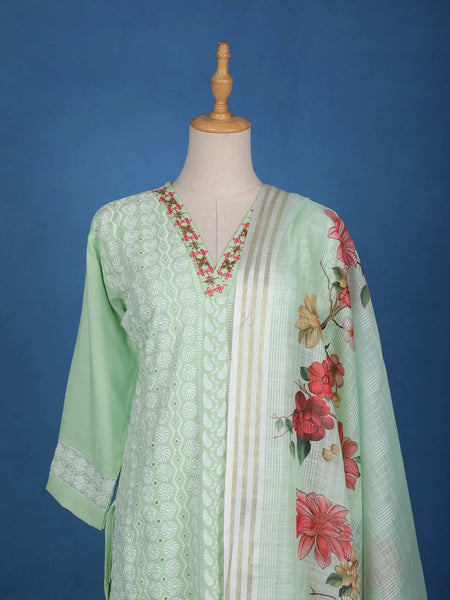 Pista Green Straight Cut Salwar Suit Adorned with Embroidery and Floral Design with Dupatta - Diadem
