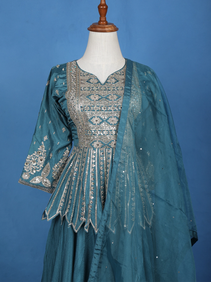 Teal Blue Floral Mirror Zari Embroidery Georgette Lehenga - Diadem