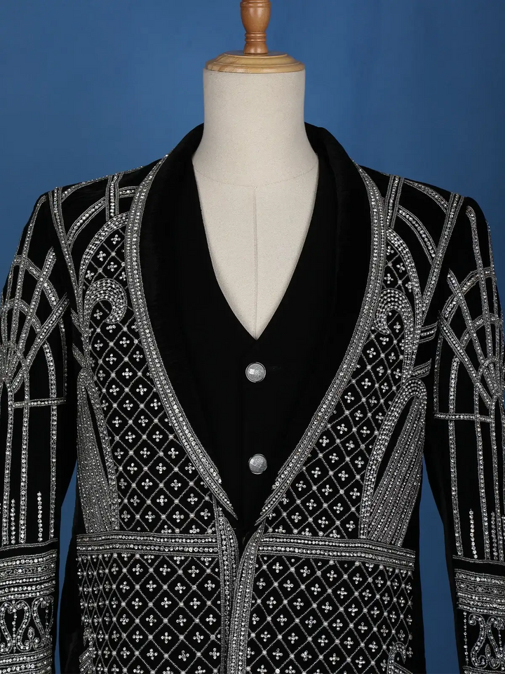Black Abstract Embroidery Velvet Men's Suit - Diadem