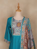 Aqua Blue Floral Designed Raw Silk Salwar Suit - Diadem