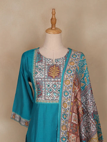 Aqua Blue Floral Designed Raw Silk Salwar Suit - Diadem