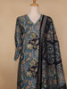 Dark Grey Floral Printed Semi Silk Salwar Suit - Diadem