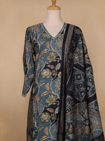 Dark Grey Floral Printed Semi Silk Salwar Suit - Diadem