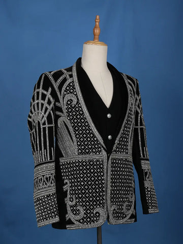Black Abstract Embroidery Velvet Men's Suit - Diadem