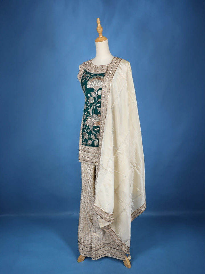 Ivory Floral Green Embroidery Tissue Silk Palazzo Salwar Suit - Diadem