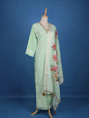 Pista Green Straight Cut Salwar Suit Adorned with Embroidery and Floral Design with Dupatta - Diadem