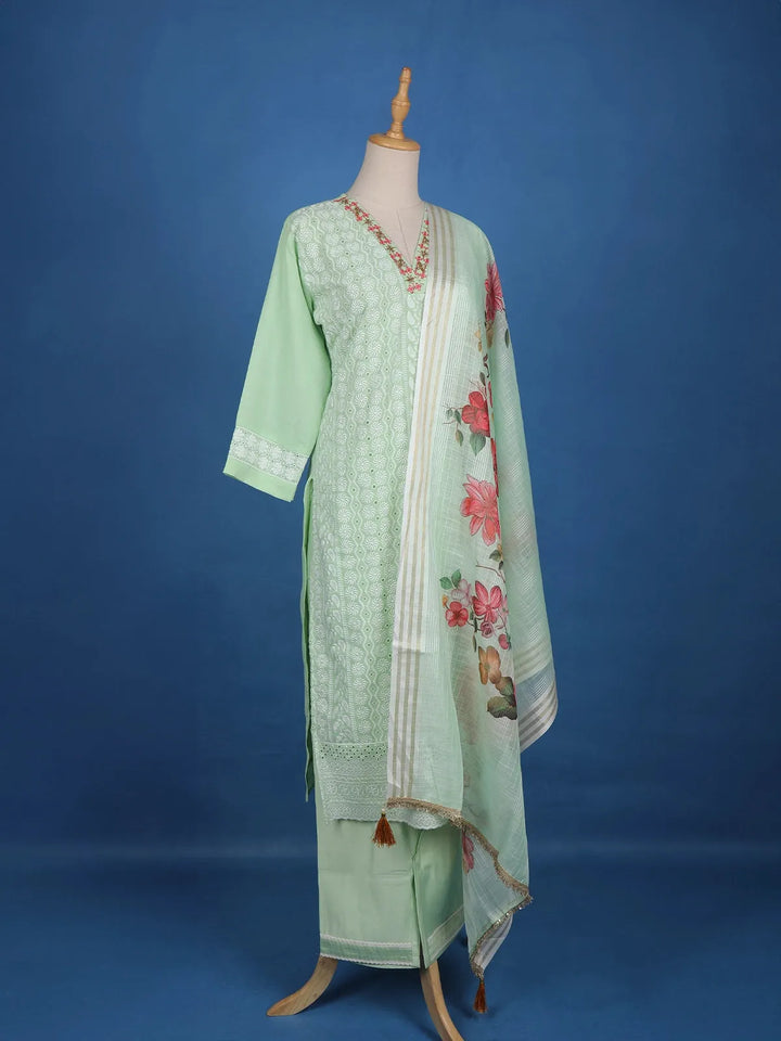 Pista Green Straight Cut Salwar Suit Adorned with Embroidery and Floral Design with Dupatta - Diadem