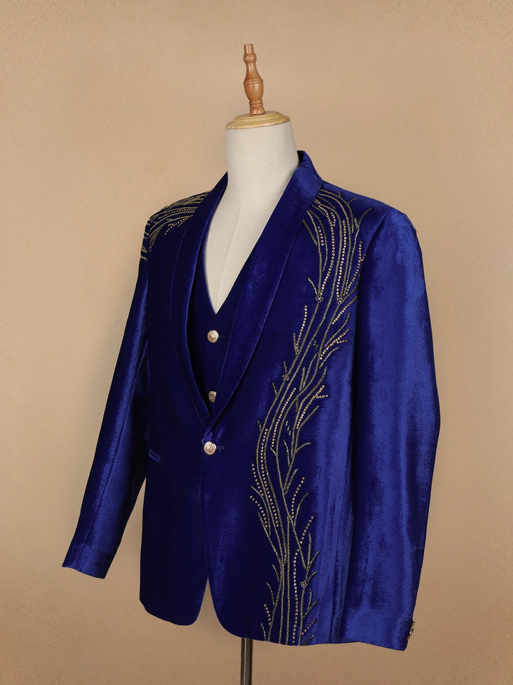 Blue Abstract Embroidery Velvet Men's Suit - Diadem
