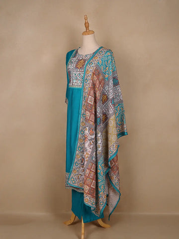 Aqua Blue Floral Designed Raw Silk Salwar Suit - Diadem