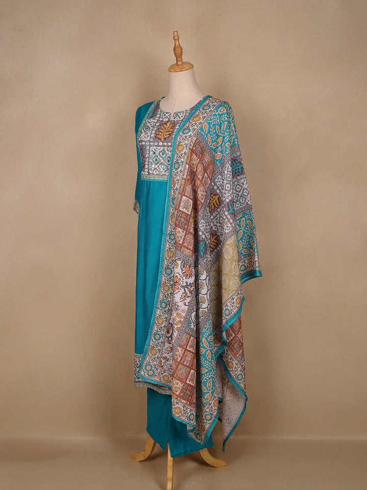 Aqua Blue Floral Designed Raw Silk Salwar Suit - Diadem