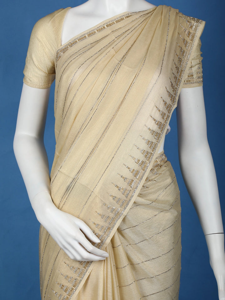 Beige Bead Work Designed Organza Designer Saree - Diadem