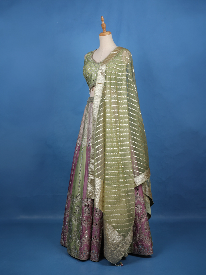 Green and Pink Floral Mirror Designed Banarasi Silk Lehenga for Bridesmaid - Diadem