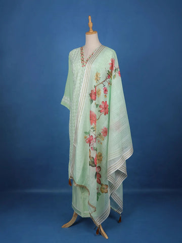 Pista Green Straight Cut Salwar Suit Adorned with Embroidery and Floral Design with Dupatta - Diadem