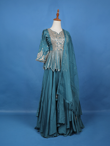 Teal Blue Floral Mirror Zari Embroidery Georgette Lehenga - Diadem