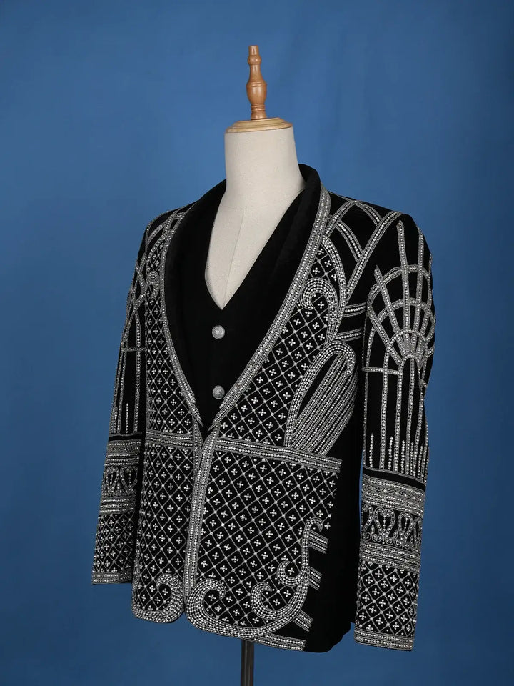Black Abstract Embroidery Velvet Men's Suit - Diadem