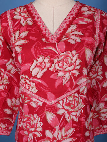 Pink Floral Design Printed Cotton Salwar Suit - Diadem