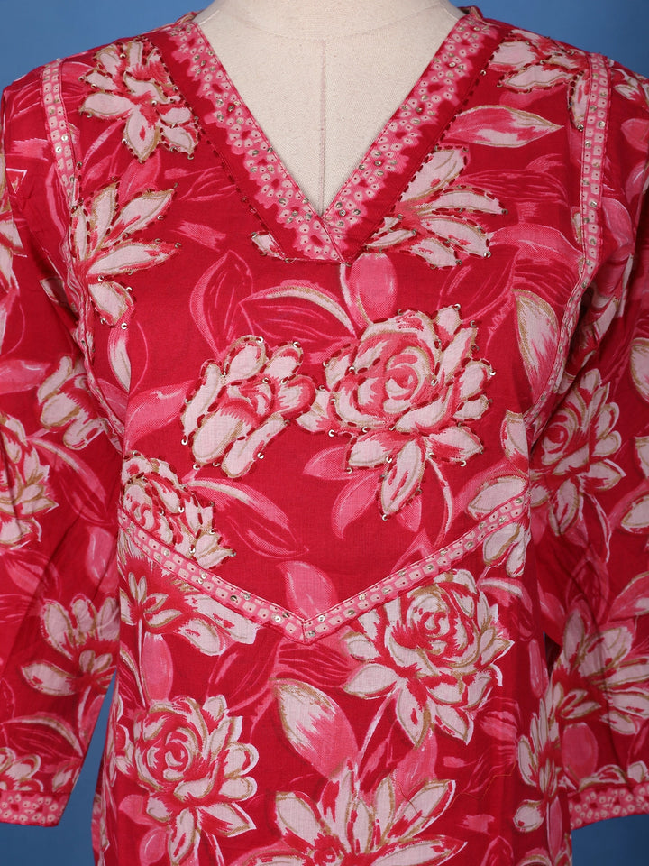 Pink Floral Design Printed Cotton Salwar Suit - Diadem