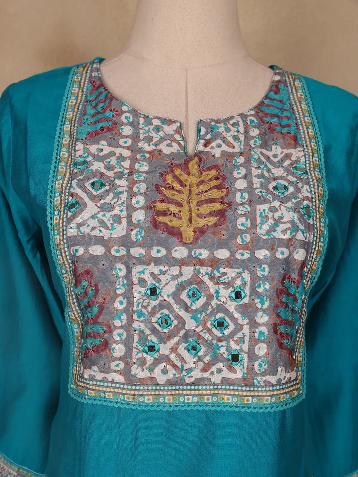 Aqua Blue Floral Designed Raw Silk Salwar Suit - Diadem
