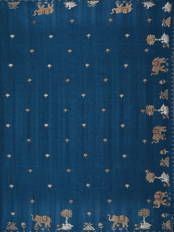 Dark Blue Elephant and Floral Designed Semi Tussar Saree - Diadem