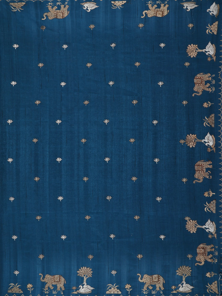 Dark Blue Elephant and Floral Designed Semi Tussar Saree - Diadem
