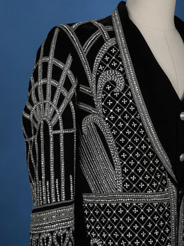 Black Abstract Embroidery Velvet Men's Suit - Diadem