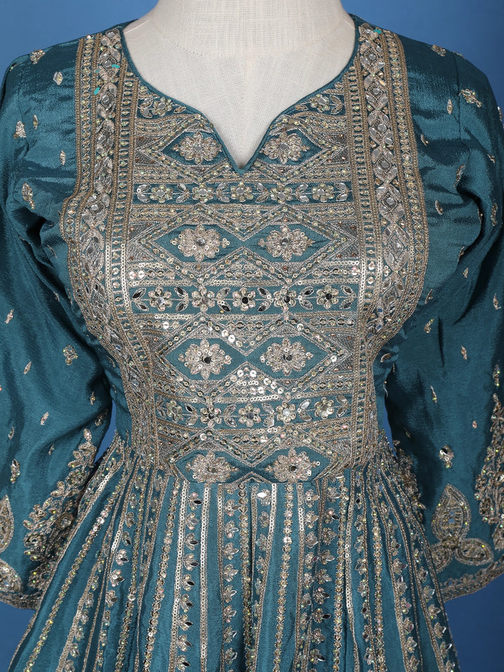 Teal Blue Floral Mirror Zari Embroidery Georgette Lehenga - Diadem