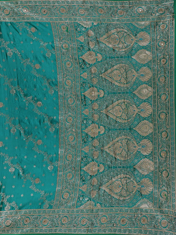 Peacock Green Floral Designed Bridal Banarasi Silk Saree - Diadem