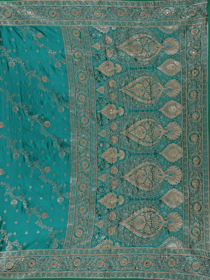 Peacock Green Floral Designed Bridal Banarasi Silk Saree - Diadem