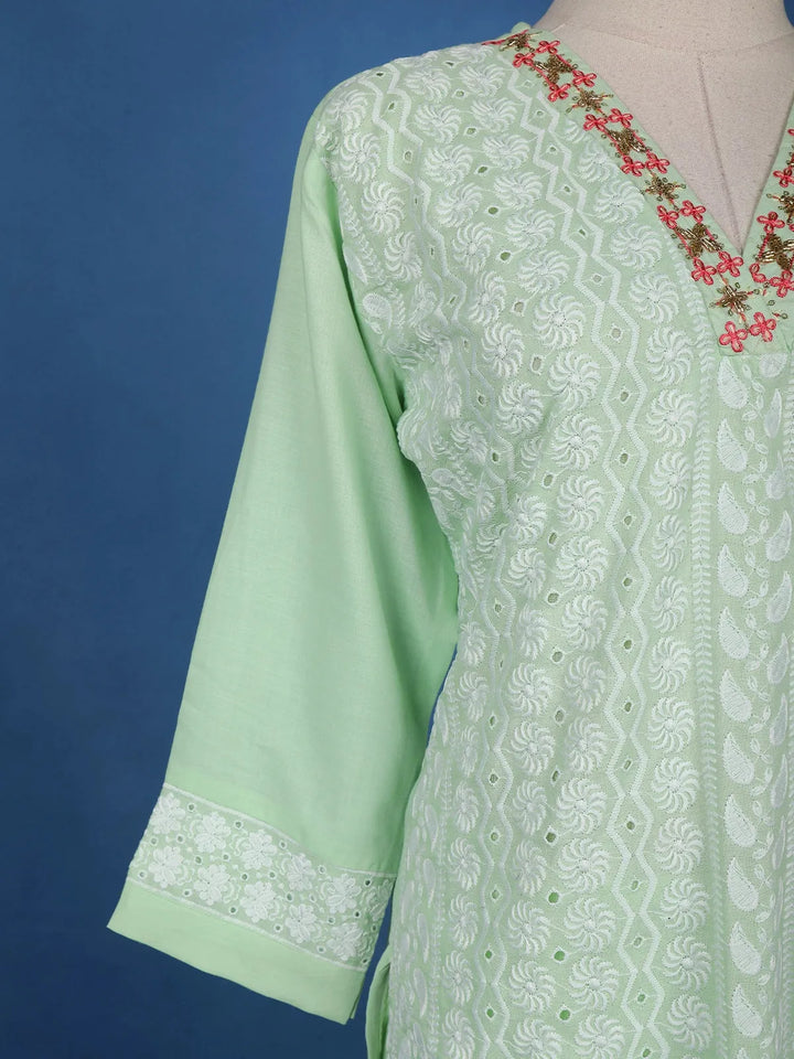 Pista Green Straight Cut Salwar Suit Adorned with Embroidery and Floral Design with Dupatta - Diadem
