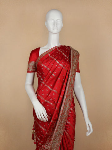 Red Floral Weave and Stone Work Banarasi Silk Saree - Diadem