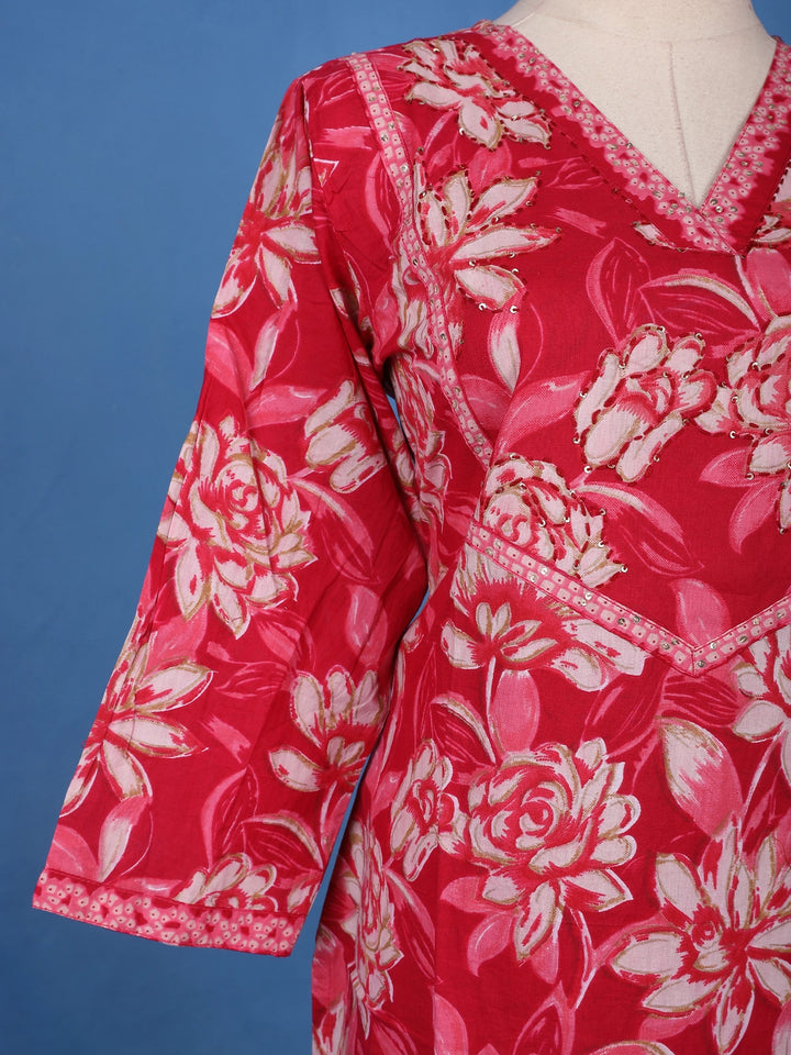 Pink Floral Design Printed Cotton Salwar Suit - Diadem