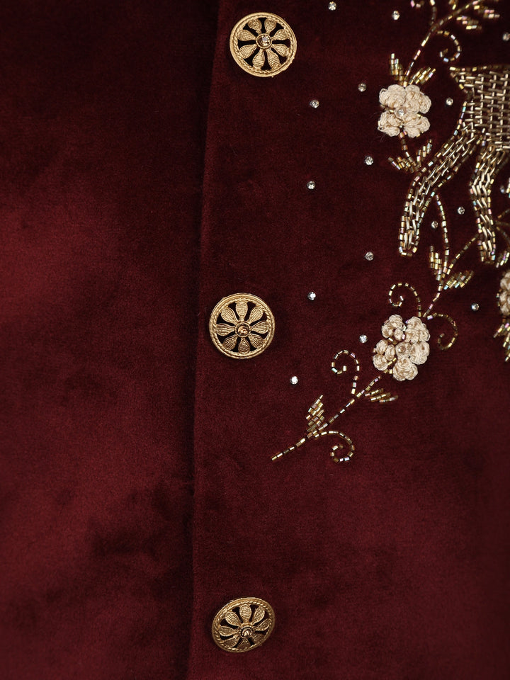 Wine Velvet Deer Design Bead Work Sherwani and Pant Set - Diadem