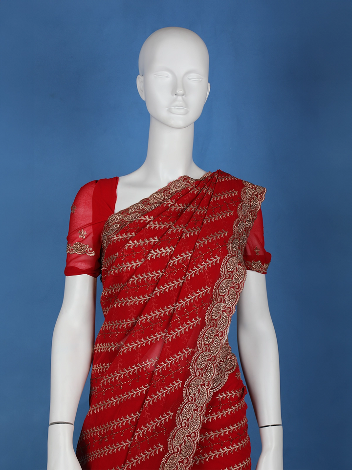 Red Paisley Embroidery Georgette Fancy Saree - Diadem