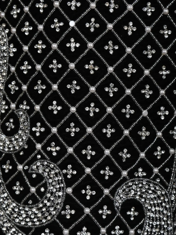Black Abstract Embroidery Velvet Men's Suit - Diadem